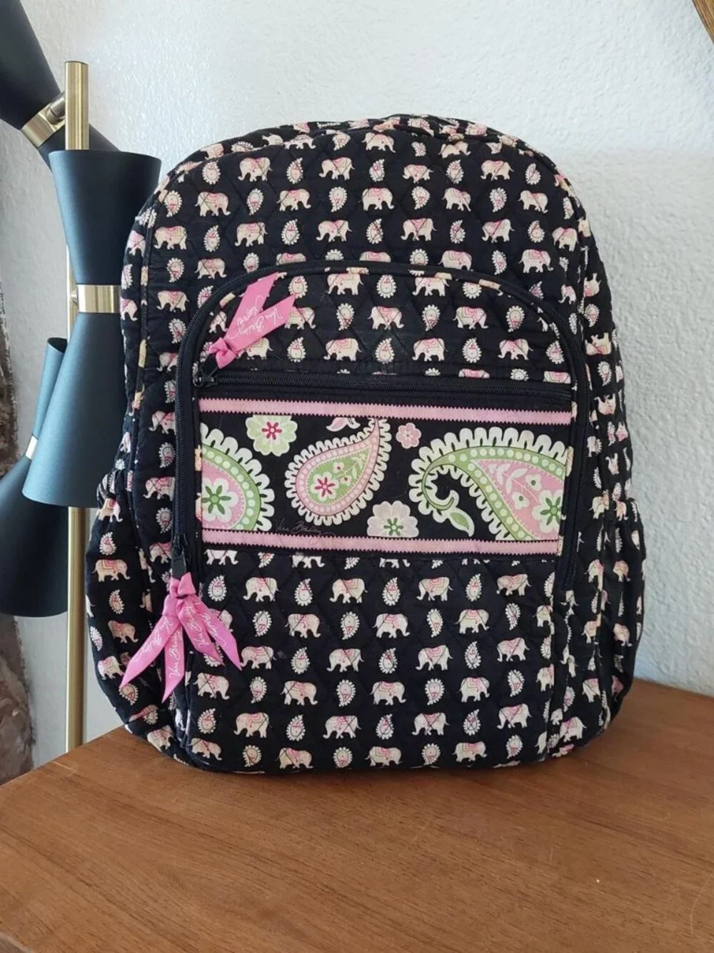 vera bradley backpack Pink & black backpack with white elephant and leaf pattern